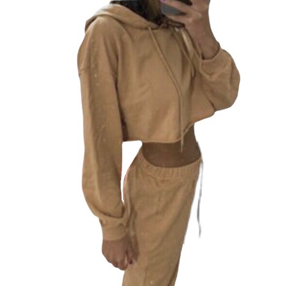 New! tan beige cropped hoodie and jogger set - Picture 3 of 3